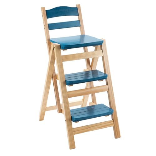 VZXATYOP Klappbarer Barhocker Mit 3 Stufen, Tritthocker Aus Massivholz for Kücheninseln, Tragbarer, Faltbarer Trittstuhl for Erwachsene(Blue) von VZXATYOP