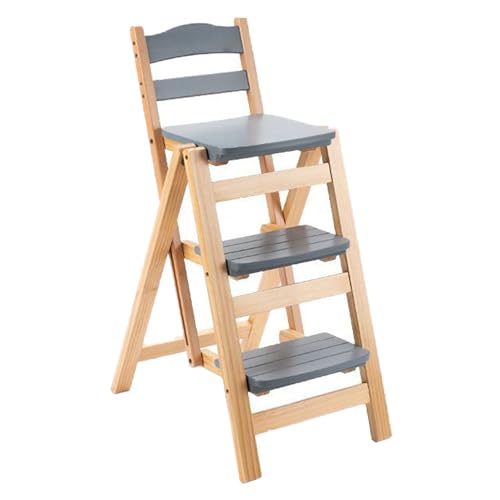 VZXATYOP Klappbarer Barhocker Mit 3 Stufen, Tritthocker Aus Massivholz for Kücheninseln, Tragbarer, Faltbarer Trittstuhl for Erwachsene(Gray) von VZXATYOP