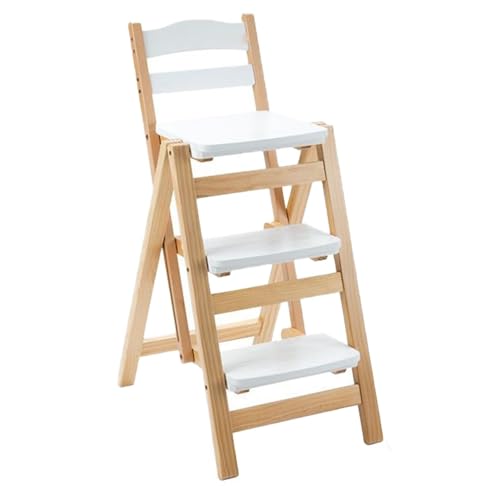 VZXATYOP Klappbarer Barhocker Mit 3 Stufen, Tritthocker Aus Massivholz for Kücheninseln, Tragbarer, Faltbarer Trittstuhl for Erwachsene(White) von VZXATYOP