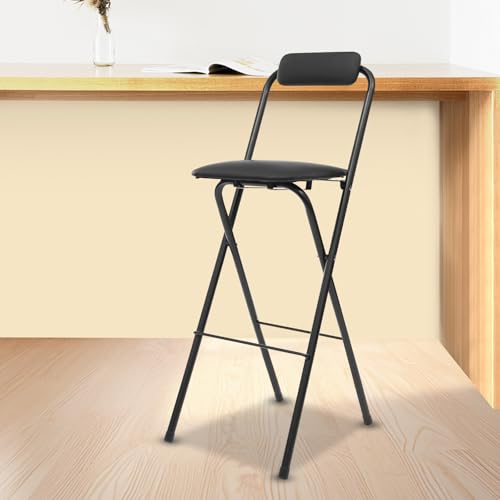 VZXATYOP Klappbarer Barhocker mit Rückenlehne tragbarer hoher Klappstuhl for Küche Esszimmer Café Dessertladen gepolsterter Hocker 27,56 Zoll Thekenhöhe Metallrahmen(Black 1 Pcs) von VZXATYOP