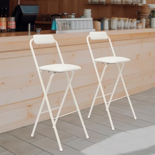 VZXATYOP Klappbarer Barhocker mit Rückenlehne tragbarer hoher Klappstuhl for Küche Esszimmer Café Dessertladen gepolsterter Hocker 27,56 Zoll Thekenhöhe Metallrahmen(White 2 Pcs) von VZXATYOP