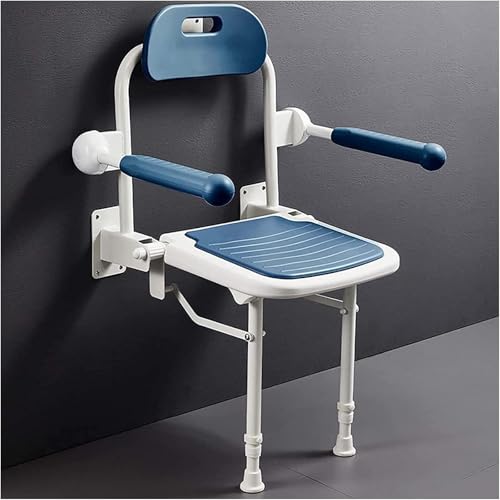 VZXATYOP Klappbarer Duschsitz for Senioren mit Behinderung tragbarer Badestuhl mit Stützbeinen Armlehnen an der Wand montierter Badezimmer-Badehocker Badezimmerstühle(Blue) von VZXATYOP