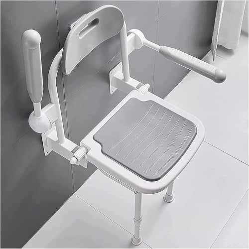 VZXATYOP Klappbarer Duschsitz for Senioren mit Behinderung tragbarer Badestuhl mit Stützbeinen Armlehnen an der Wand montierter Badezimmer-Badehocker Badezimmerstühle(Light Grey) von VZXATYOP