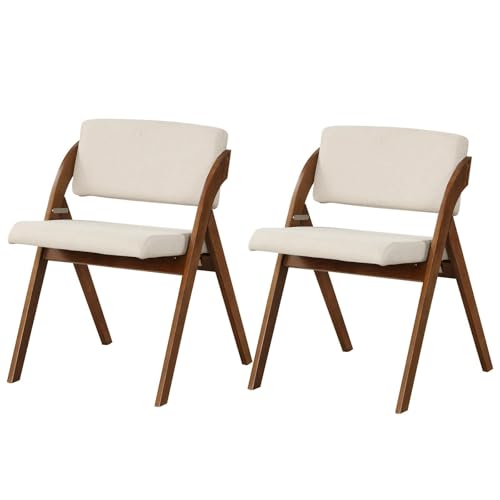 VZXATYOP Klappbares Bauernhaus-Sessel-Set mit Polsterung,ohne Montage,gepolsterter Sitz gepolsterte Rückenlehne tragbare Küchenstühle aus Holz für Partys Picknicks Homeoffice(Walnut+Beige,2) von VZXATYOP