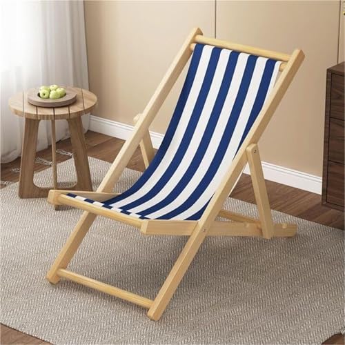 VZXATYOP Klappstuhl for den Strand, Chaiselongue aus Massivholz, einfacher tragbarer Lazy Chair for den Außenbereich, Oxford-Canvas-Stühle for draußen/drinnen(Blue Stripe,No Armrest) von VZXATYOP