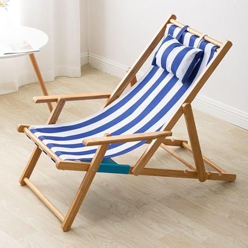 VZXATYOP Klappstuhl for den Strand, Chaiselongue aus Massivholz, einfacher tragbarer Lazy Chair for den Außenbereich, Oxford-Canvas-Stühle for draußen/drinnen(Blue Stripe,with Armrest) von VZXATYOP