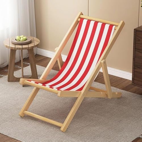 VZXATYOP Klappstuhl for den Strand, Chaiselongue aus Massivholz, einfacher tragbarer Lazy Chair for den Außenbereich, Oxford-Canvas-Stühle for draußen/drinnen(Red Stripe,No Armrest) von VZXATYOP