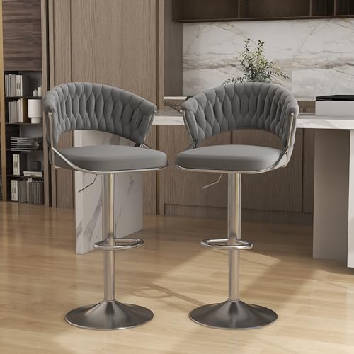 VZXATYOP Moderne Samt gepolsterter Barstuhl mit Metallbeinen und Fußstütze, verstellbare drehbare Barhocker in Thekenhöhe for Kücheninsel-Barhocker(Gray+Silver,Set of 2) von VZXATYOP