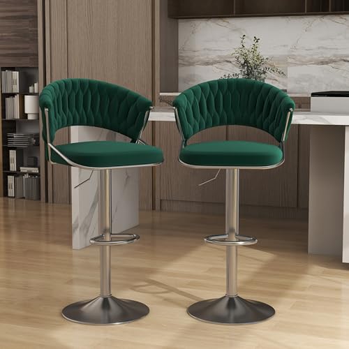 VZXATYOP Moderne Samt gepolsterter Barstuhl mit Metallbeinen und Fußstütze, verstellbare drehbare Barhocker in Thekenhöhe for Kücheninsel-Barhocker(Green+Silver,Set of 2) von VZXATYOP