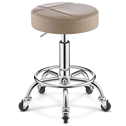 VZXATYOP Moderner Bürostuhl ohne Armlehnen – 360° drehbar und höhenverstellbar Rollhocker aus PU-Leder mit Rädern Tragkraft 200 kg(Khaki) von VZXATYOP