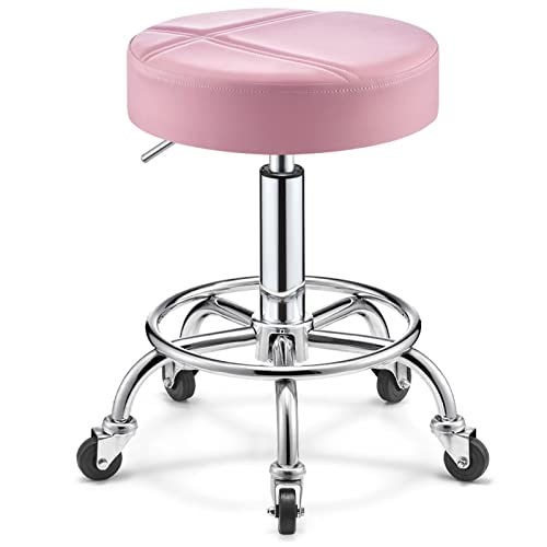 VZXATYOP Moderner Bürostuhl ohne Armlehnen – 360° drehbar und höhenverstellbar Rollhocker aus PU-Leder mit Rädern Tragkraft 200 kg(Pink) von VZXATYOP