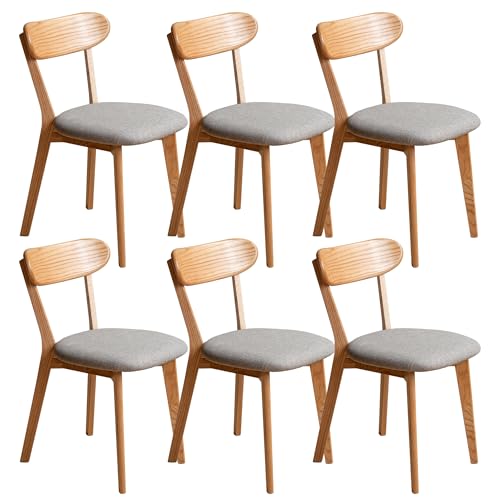 VZXATYOP Modernes Esszimmerstuhl-Set Aus Massivholz Küchen Und Esszimmerstuhl Mit Gepolstertem Kissen Und Sitzbezug Gebogener Rückenlehne 100% Nordamerikanisches Eichenholz(Natural-Grey,Set of 6) von VZXATYOP