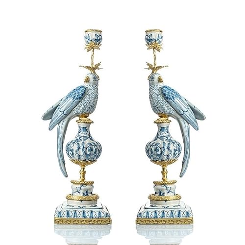 VZXATYOP Nordischer Kerzenständer Aus Keramik Mit Kupferornamenten – Blau-weißes Papageien-Design for Wohnzimmer Veranda Heimdekoration(Style2) von VZXATYOP