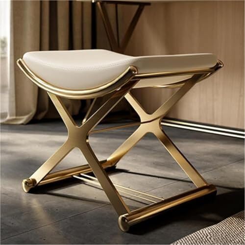 VZXATYOP Schminkhocker aus PU-Leder mit X-Beinen aus Metall moderner gepolsterter Sitzhocker Schminkzimmer Wohnzimmer Ankleidestühle Sofahocker(Gold) von VZXATYOP