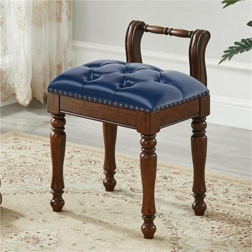 VZXATYOP Schminktischhocker mit niedriger Rückenlehne Retro-Schminkhocker Leder mit gepolstertem Kissen Klavierbank geschnitzten Beinen Massivholz for Schminkzimmer Wohnzimmer Schlafzimmer(Blue) von VZXATYOP