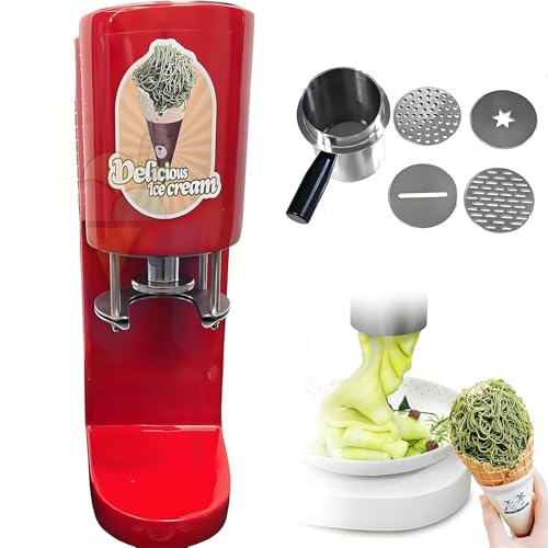 VZXATYOP Spaghetti-Eiscreme-Presse – 4 austauschbare Formen platzsparendes Design, One-Touch-Start einfache Reinigung, Softeis-Dessertmaschine for Geschäfte Gastronomie(Red) von VZXATYOP