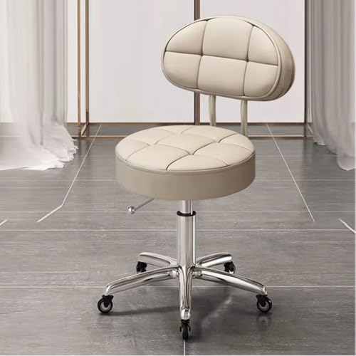 VZXATYOP Verstellbarer runder Drehstuhl mit 5 Krallen und Rädern, Rollhocker aus PU-Leder mit Rückenlehne, rollender Barhocker for Schönheitssalons oder Thekenarbeiten(Beige) von VZXATYOP