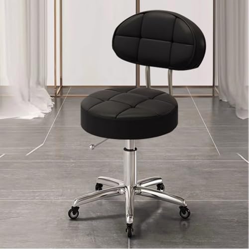 VZXATYOP Verstellbarer runder Drehstuhl mit 5 Krallen und Rädern, Rollhocker aus PU-Leder mit Rückenlehne, rollender Barhocker for Schönheitssalons oder Thekenarbeiten(Black) von VZXATYOP