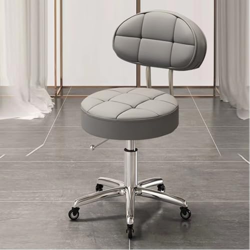 VZXATYOP Verstellbarer runder Drehstuhl mit 5 Krallen und Rädern, Rollhocker aus PU-Leder mit Rückenlehne, rollender Barhocker for Schönheitssalons oder Thekenarbeiten(Grey) von VZXATYOP