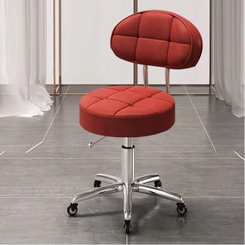 VZXATYOP Verstellbarer runder Drehstuhl mit 5 Krallen und Rädern, Rollhocker aus PU-Leder mit Rückenlehne, rollender Barhocker for Schönheitssalons oder Thekenarbeiten(Red) von VZXATYOP