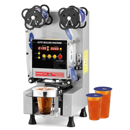 Vollautomatische Becherversiegelungsmaschine 95/90/89/88mm 500–650 Tassen/h digitale Steuerung LCD-Panel for Bubble Coffee Dessert Milch Tee Restaurant(Silver) von VZXATYOP