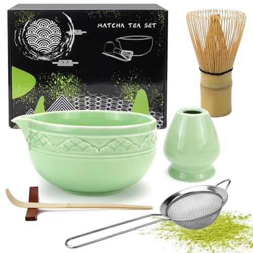 VZXZXE Matcha Besen 6-Teiliges Set, Matcha-Schneebesen, Matcha Löffel, Matcha Schüssel mit Auslauf, Matcha Whisk, Sieblöffel aus Edelstahl, Keramik Matcha Tea Set (Grünes 6-teiliges Set) von VZXZXE