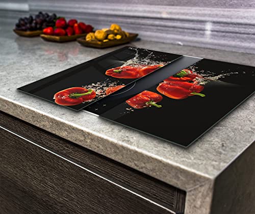 Herdabdeckplatte Induktion Elektroherd, Schneidebrett, gehärtetes Glas, rote Paprika auf schwarzem Hintergrund, 2er Set, Va Art Glas (2x Breite 30 x Höhe 52 cm) von Va Art Glass