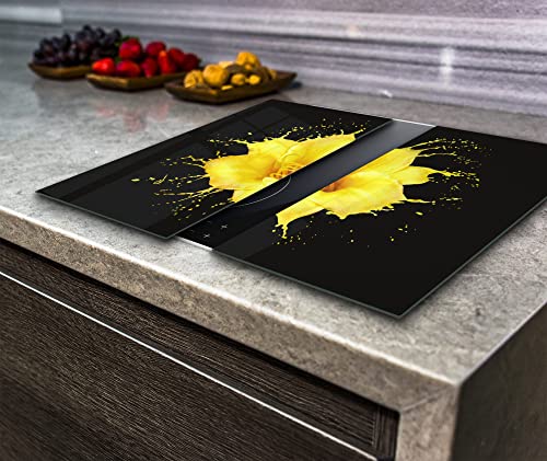 Herdabdeckplatte Induktion Elektroherd Schneidebrett Hartglas Gelb Blume auf schwarzem Hintergrund 2er Set Va Art Glas (2x breit 30 x H 52 cm) von Va Art Glass