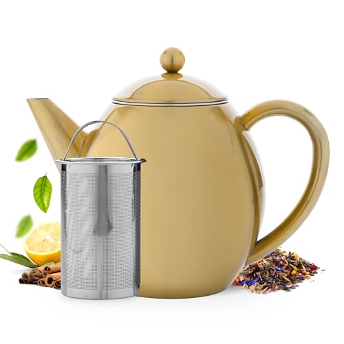Vaja Trends | Teekanne | Edelstahl | Edelstahl Gold | Doppelwandig | 1,2 L | Tropft nicht | Hält den Tee lange heiß | Inklusive Filter | Schönes und funktionales Design von VaJa Trends