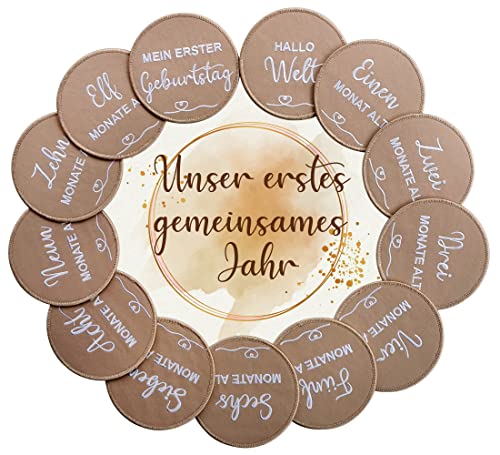 28 runde gestickte Baby Meilensteine Ø 10cm | Baby Meilensteinscheiben aus weichem Stoff | Geschenk zur Geburt, Babyparty, Schwangerschaft, werdende Eltern von VaJa.