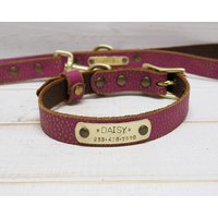 Handgefertigtes Fuchsia Leder Hundehalsband Mit Leine & Gratis Hundemarke von VacForPets