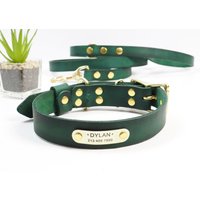 Handgefertigtes Grünes Hundehalsband Und Leinen Set Aus Leder Mit Individuellem Namensschild von VacForPets