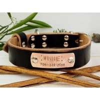 Handgefertigtes Schwarzes Hundehalsband Aus Leder Mit Personalisiertem Id-Tag in Kupfer von VacForPets