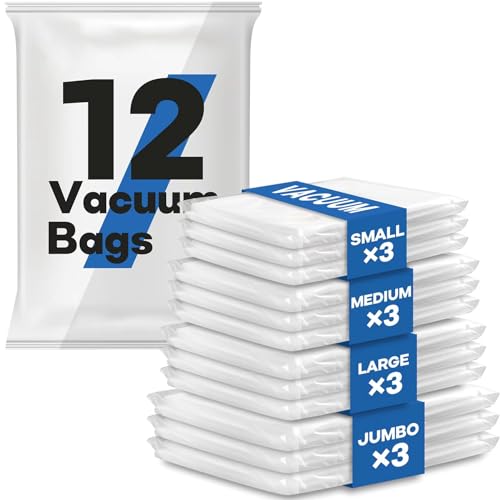 12 Pack Vakuumbeutel für Kleidung(3Jumbo/3groß/3mittel/3klein), Vakuumbeutel für Bettdecken, Matratzen, Decken, Kissen, Bettwäsche, Reisen, Umzug von Vacbird