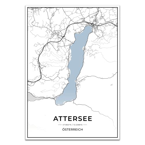 Vacentures Attersee Karten Poster - Premium Wandbild ohne Bilderrahmen I Moderne Wanddeko für Wohnzimmer oder Schlafzimmer I Hochwertiger Druck (Blau, 50x70 CM) von Vacentures