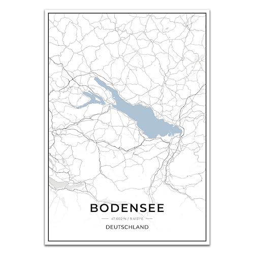 Vacentures Bodensee Karten Poster - Premium Wandbild ohne Bilderrahmen I Moderne Wanddeko für Wohnzimmer oder Schlafzimmer I Hochwertiger Druck (Blau, 50x70 CM) von Vacentures