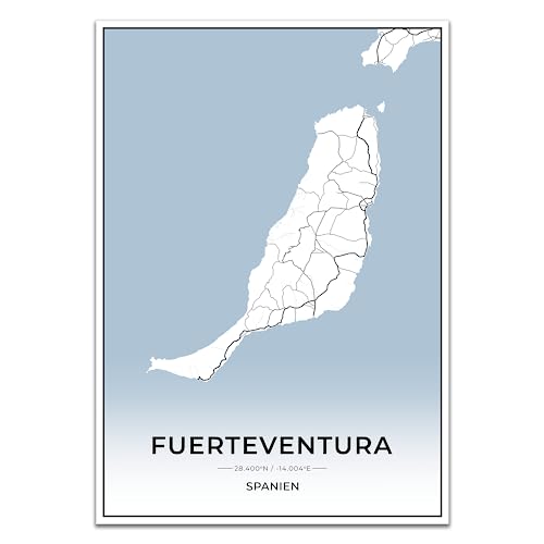 Vacentures Fuerteventura Karten Poster - Premium Wandbild ohne Bilderrahmen I Moderne Wanddeko für Wohnzimmer oder Schlafzimmer I Hochwertiger Druck (Blau, 30x40 CM) von Vacentures