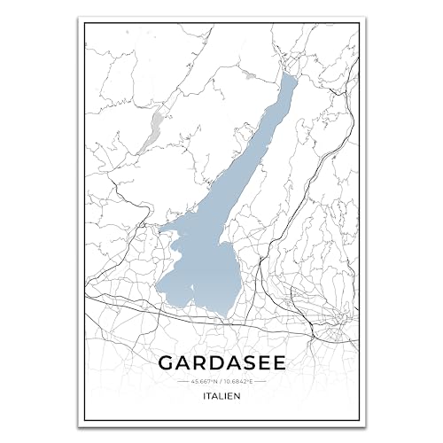 Vacentures Gardasee Karten Poster - Premium Wandbild ohne Bilderrahmen I Moderne Wanddeko für Wohnzimmer oder Schlafzimmer I Hochwertiger Druck (Blau, 21x30 CM) von Vacentures