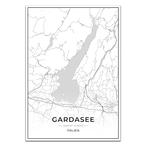 Vacentures Gardasee Karten Poster - Premium Wandbild ohne Bilderrahmen I Moderne Wanddeko für Wohnzimmer oder Schlafzimmer I Hochwertiger Druck (Schwarz Weiss, 21x30 CM) von Vacentures