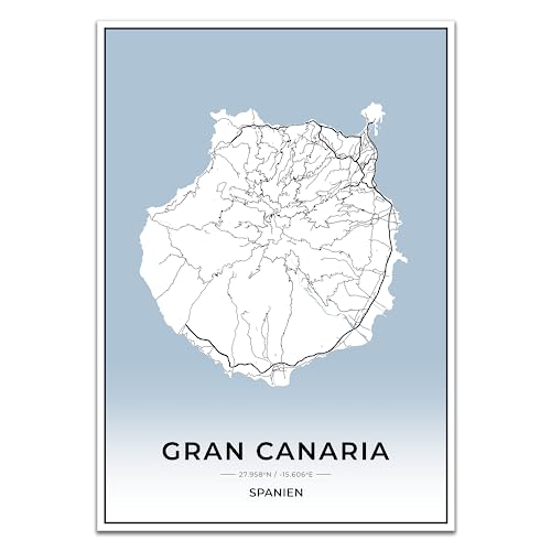 Vacentures Gran Canaria Karten Poster - Premium Wandbild ohne Bilderrahmen I Moderne Wanddeko für Wohnzimmer oder Schlafzimmer I Hochwertiger Druck (Blau, 50x70 CM) von Vacentures