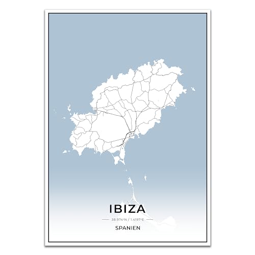 Vacentures Ibiza Karten Poster - Premium Wandbild ohne Bilderrahmen I Moderne Wanddeko für Wohnzimmer oder Schlafzimmer I Hochwertiger Druck (Blau, 21x30 CM) von Vacentures