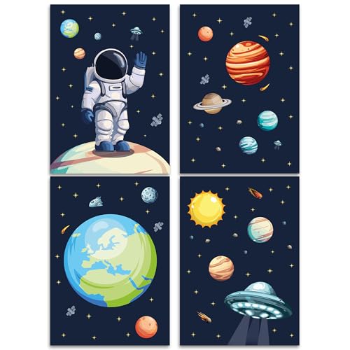 Vacentures Kinderzimmer Astronauten Weltraum Poster Set I Planeten Bilder für Jungen und Mädchen I Handgezeichnete Motive I 4x Poster DIN A4 – Set (Planeten) von Vacentures