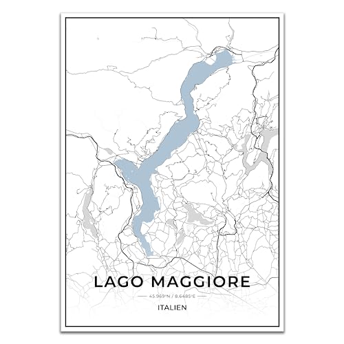 Vacentures Lago Maggiore Karten Poster - Premium Wandbild ohne Bilderrahmen I Moderne Wanddeko für Wohnzimmer oder Schlafzimmer I Hochwertiger Druck (Blau, 50x70 CM) von Vacentures