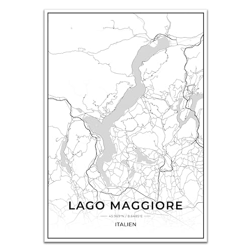 Vacentures Lago Maggiore Karten Poster - Premium Wandbild ohne Bilderrahmen I Moderne Wanddeko für Wohnzimmer oder Schlafzimmer I Hochwertiger Druck (Schwarz Weiss, 50x70 CM) von Vacentures