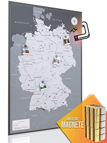 Vacentures Magnetische Pinnwand Deutschlandkarte XL inkl. 2 x 15 magnetische Pins I Markiere Deine Reiseziele I Sammel Fotos und Magnete I Magnet Poster (DIN A1 84x59cm) von Vacentures