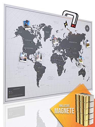 Vacentures Magnetische Pinnwand Weltkarte White inkl. 2 x 15 magnetische Pins I Markiere Deine Reiseziele I Sammel Fotos und Magnete I Magnet Poster - World map (XXL (119x84cm)) von Vacentures