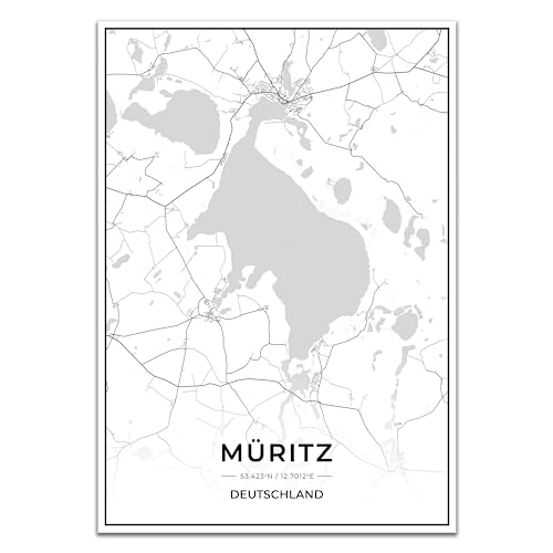 Vacentures Müritz Karten Poster - Premium Wandbild ohne Bilderrahmen I Moderne Wanddeko für Wohnzimmer oder Schlafzimmer I Hochwertiger Druck (Schwarz Weiss, 50x70 CM) von Vacentures