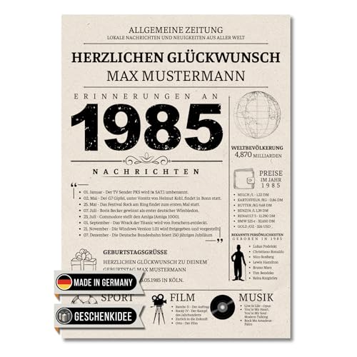 Vacentures Personalisierbar Geburtstag 40 Jahre - Jahrgang 1985 - Geschenk für Mann oder Frau - Erinnerungen Retro Zeitung - Premium Poster Druck Bild von Vacentures
