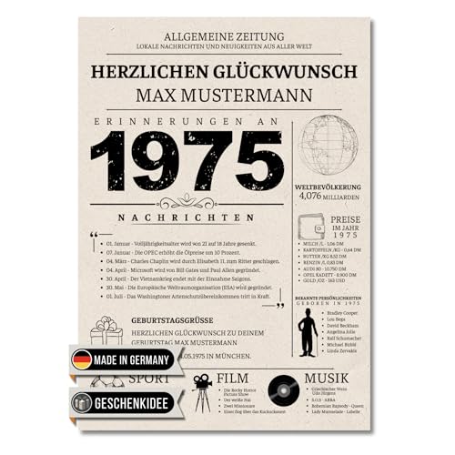 Vacentures Personalisierbar Geburtstag 50 Jahre - Jahrgang 1975 - Geschenk für Mann oder Frau - Erinnerungen Retro Zeitung - Premium Poster Druck Bild Vacentures Personalisierbar Geburtstag 50 Jahre - Jahrgang 1975 - Geschenk für Mann oder Frau - Erinnerungen Retro Zeitung - Premium Poster Druck Bild von Vacentures