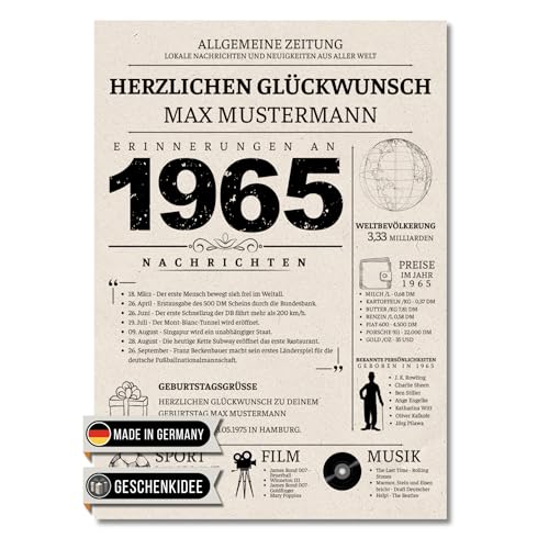 Vacentures Personalisierbar Geburtstag 60 Jahre - Jahrgang 1965 - Geschenk für Mann oder Frau - Erinnerungen Retro Zeitung - Premium Poster Druck Bild Vacentures Personalisierbar Geburtstag 60 Jahre - Jahrgang 1965 - Geschenk für Mann oder Frau - Erinnerungen Retro Zeitung - Premium Poster Druck Bild von Vacentures